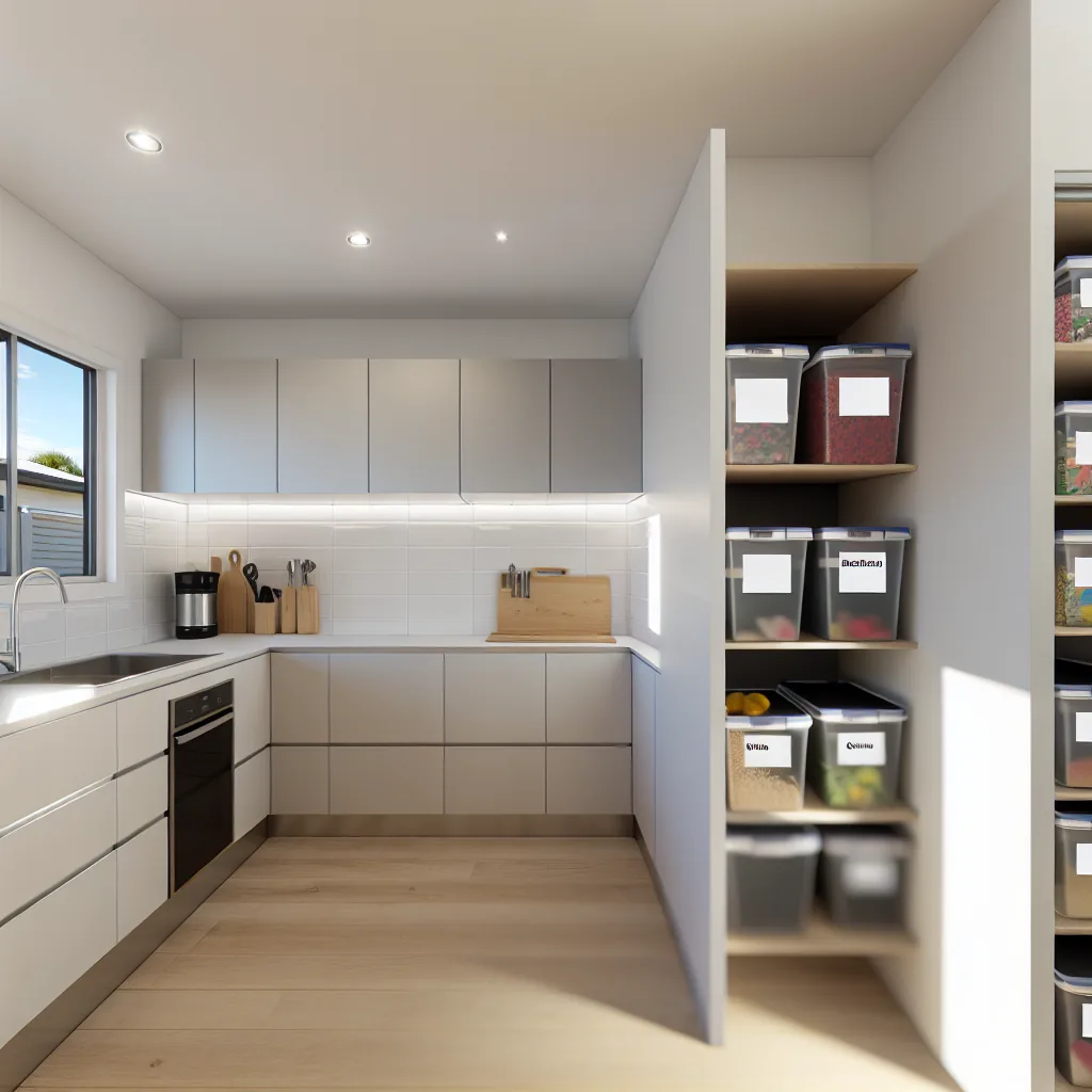 Kitchen pantry organised into labelled zones with clear containers